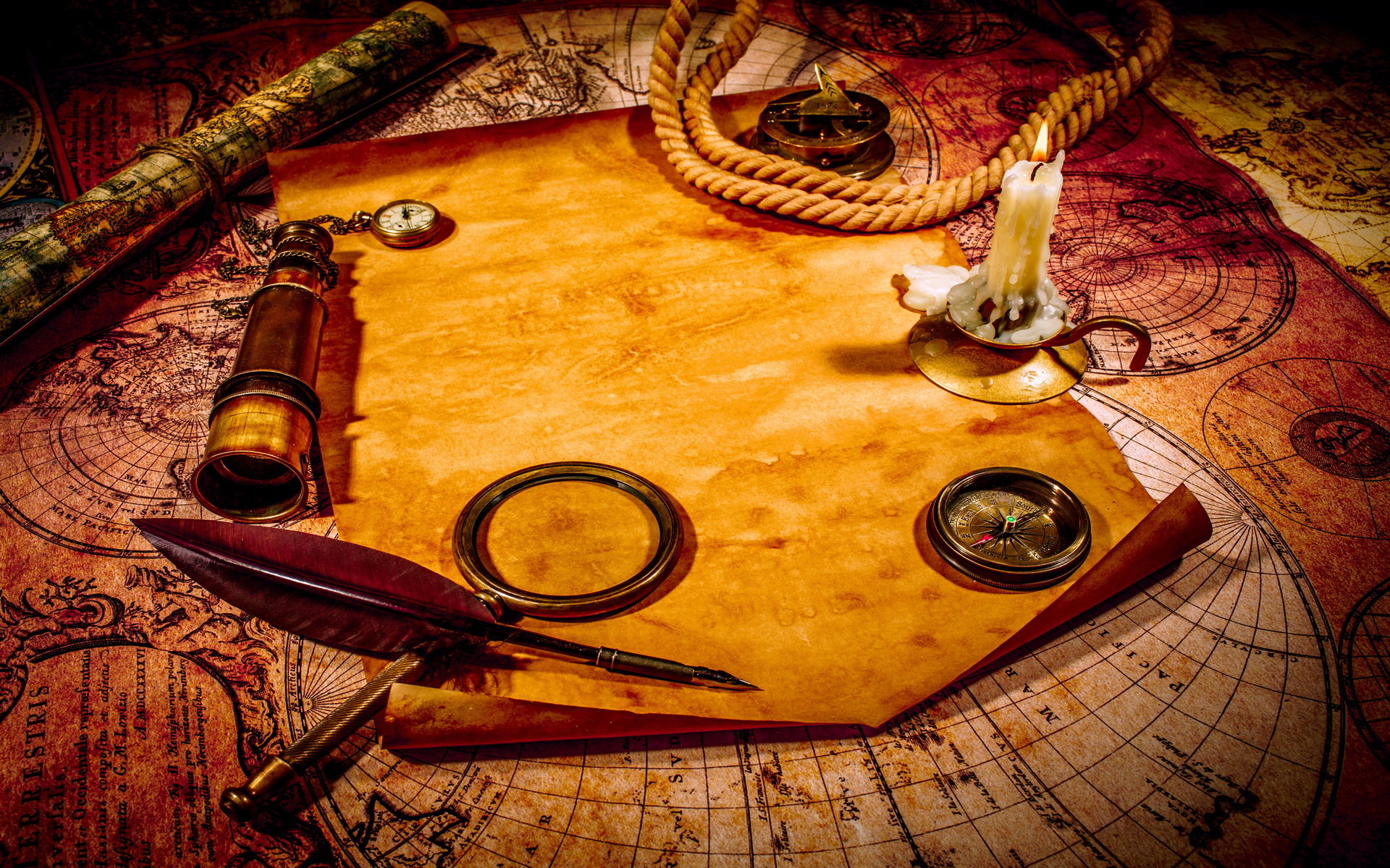 ретро свеча бумага лупа компас